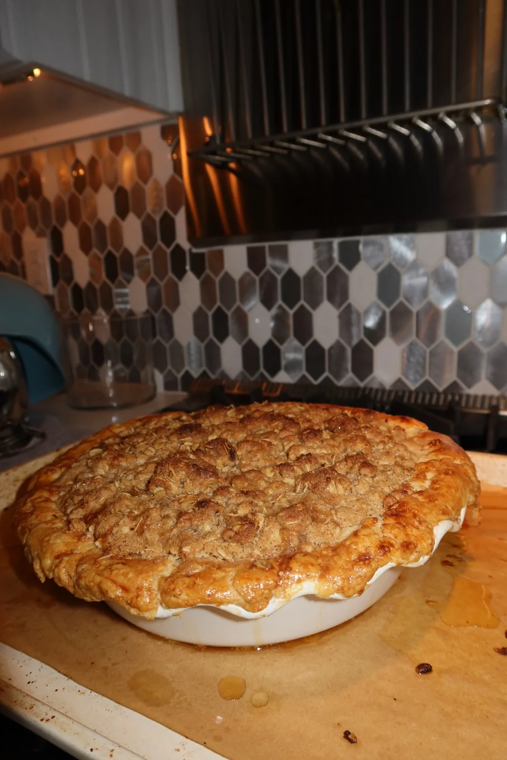 Fresh baked peach crumble pie