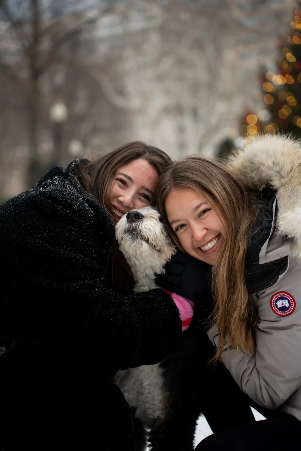 Taylor with a friend and dog outdoors in winter